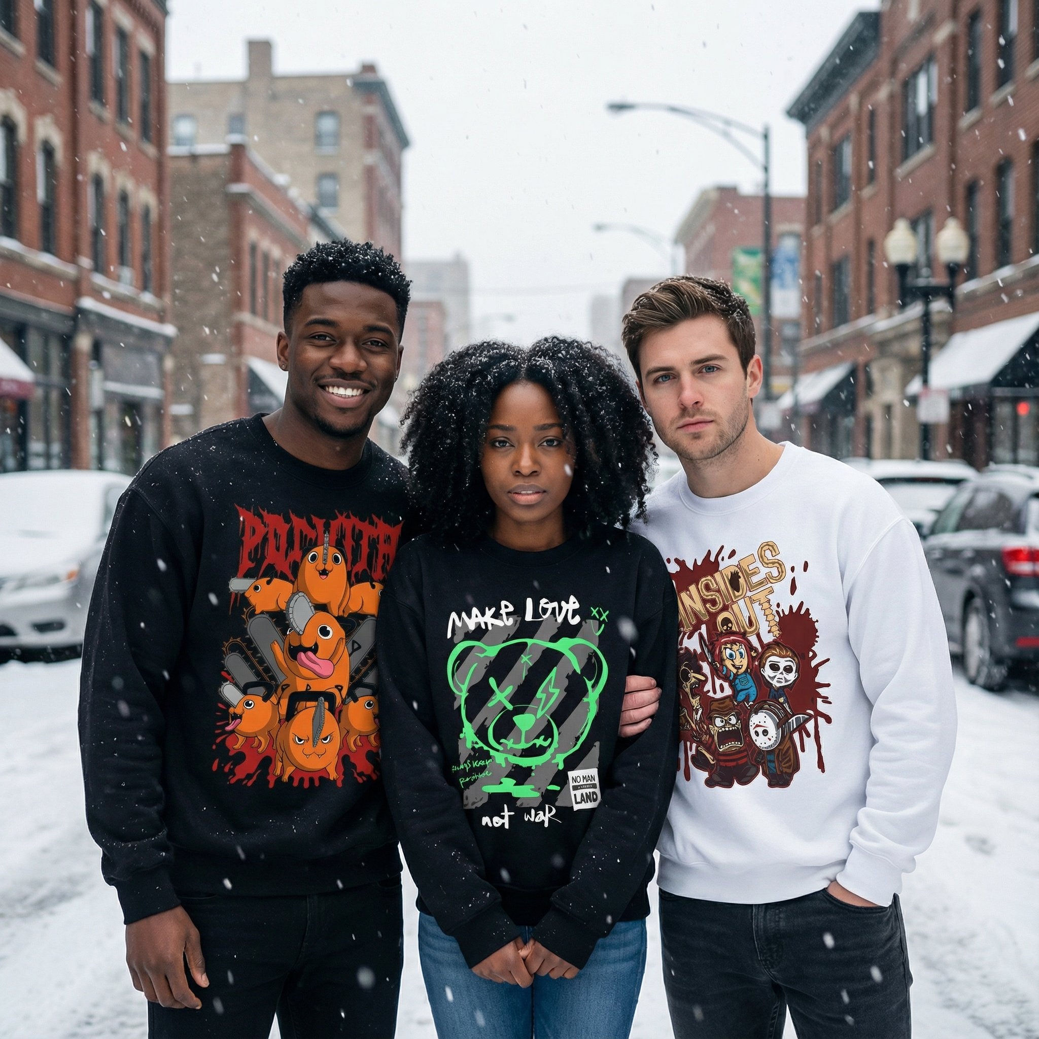 A diverse group of four young adults standing close together outdoors on a snowy urban street, smiling and posing for the camera.