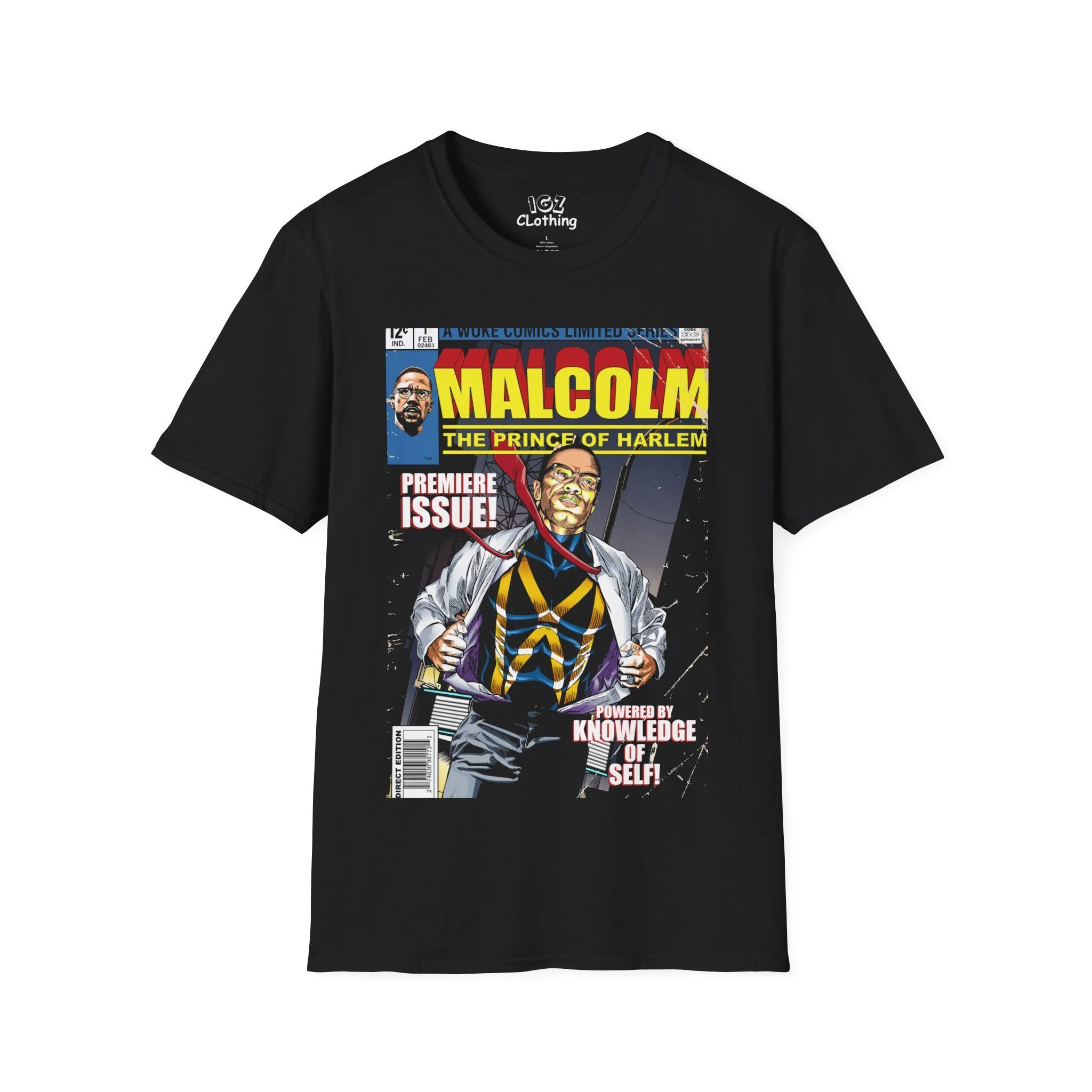 Black T-shirt with comic book style graphic of Malcolm X and text referencing the Prince of Harlem.