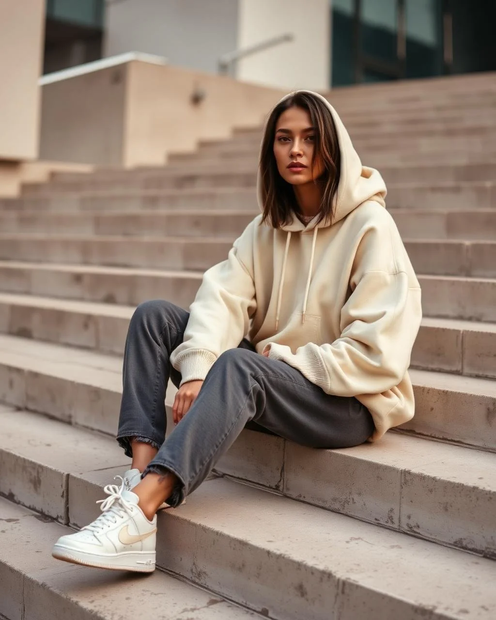 A young woman with shoulder-length dark hair and a neutral expression, sitting on outdoor concrete stairs, wearing a cream-colored hoodie, dark jeans, and white sneakers.
