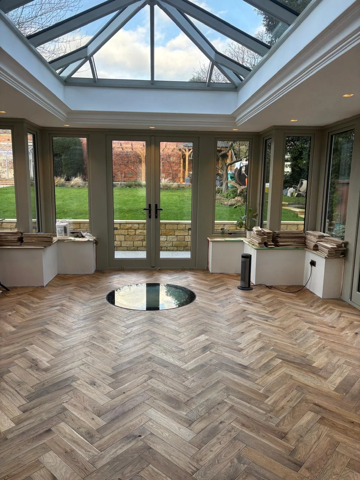 a rustic herringbone floor