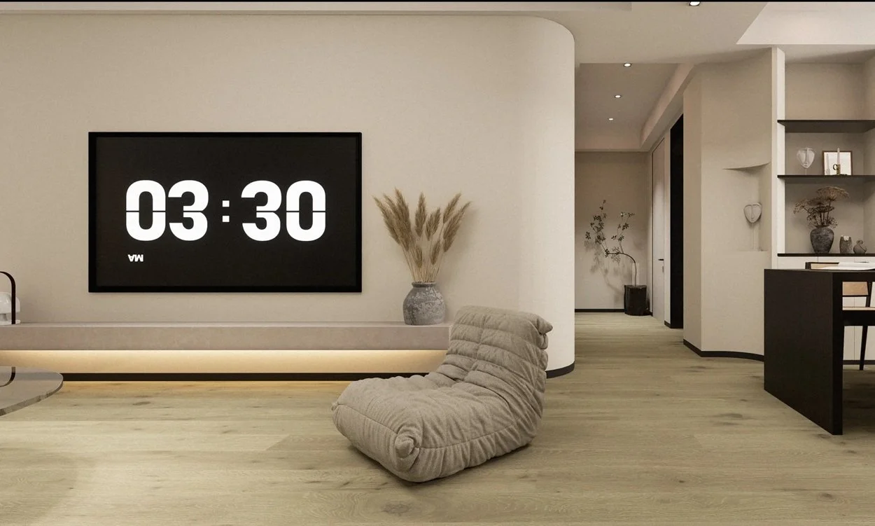 FORM Dune in a room setting 190mm wide rustic planks in a grey tone.
