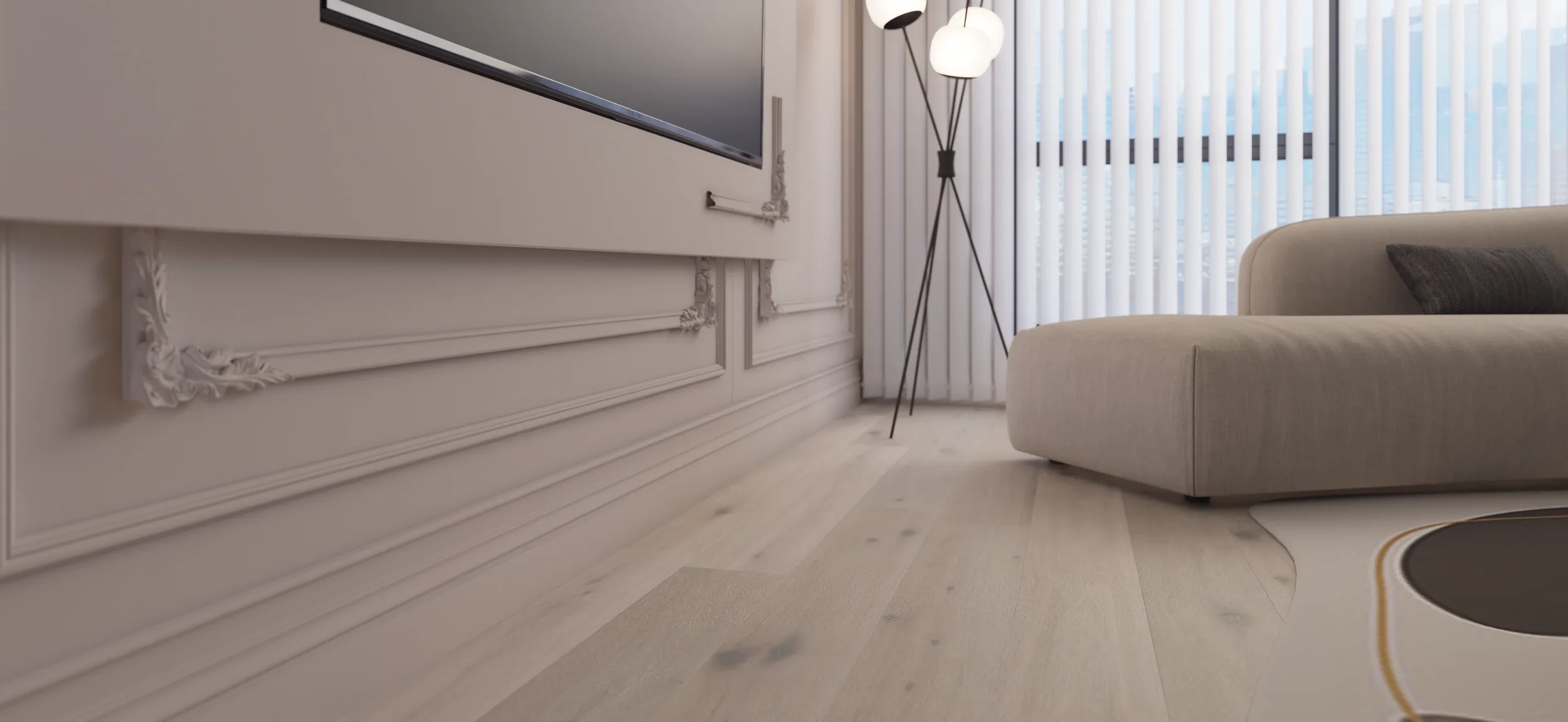 FORM Linen in a 190mm wide rustic planks with a soft white washed finish in a room set.