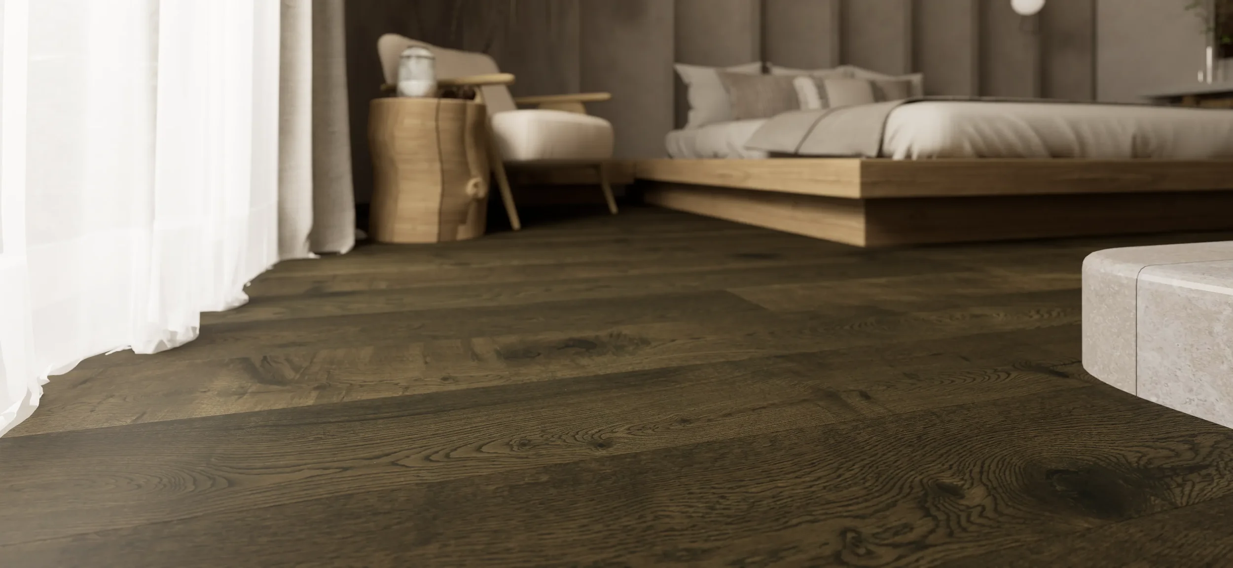 FORM Earth 190mm wide dark brown rustic grade planks in a bedroom.