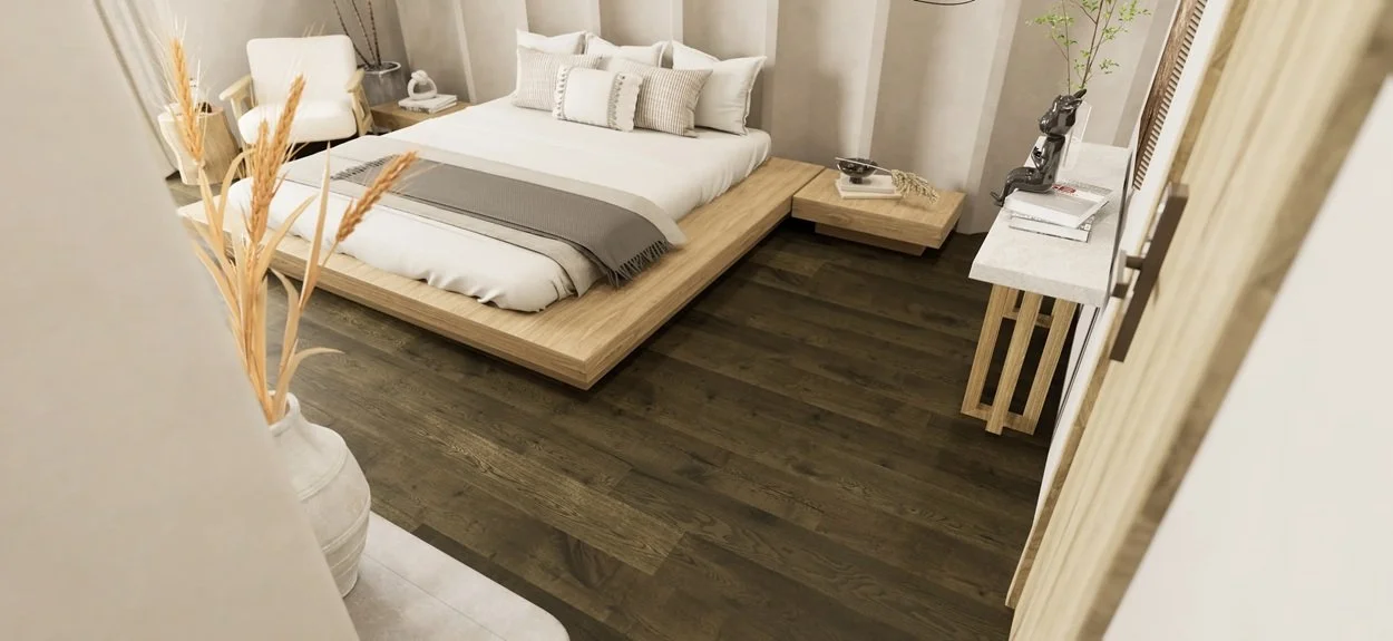 FORM Earth in a bedroom setting, rich dark brown 190mm wide rustic grade plank.