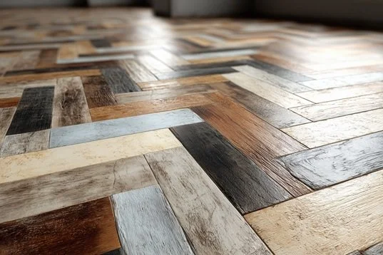 multicoloured herringbone wood floor