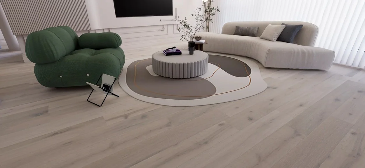 FORM Linen in a lounge setting with a 190mm wide rustic plank with a soft white overtone.