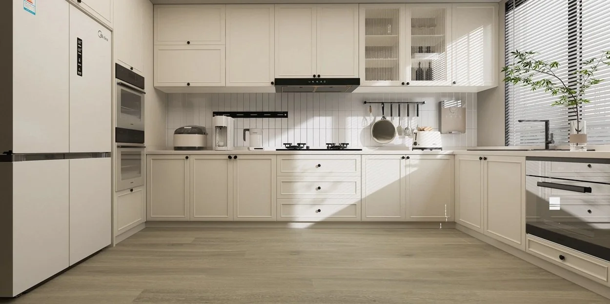 FORM Ember is a 190mm wide prime grade plank set in a kitchen with a soft grey overtone.
