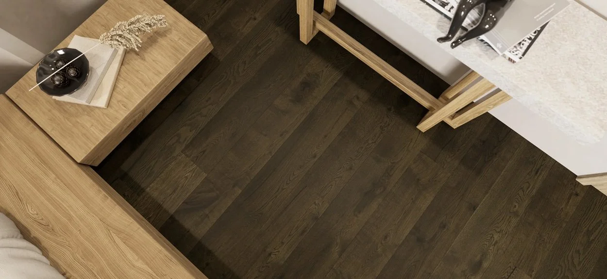 FORM Earth 190mm wide rustic planks finished a dark brown UV oil in a room.