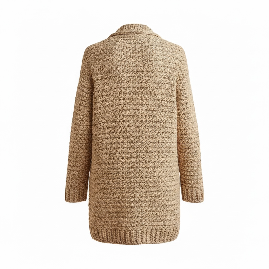 Back view of a beige knitted cardigan sweater with a textured pattern and ribbed cuffs.