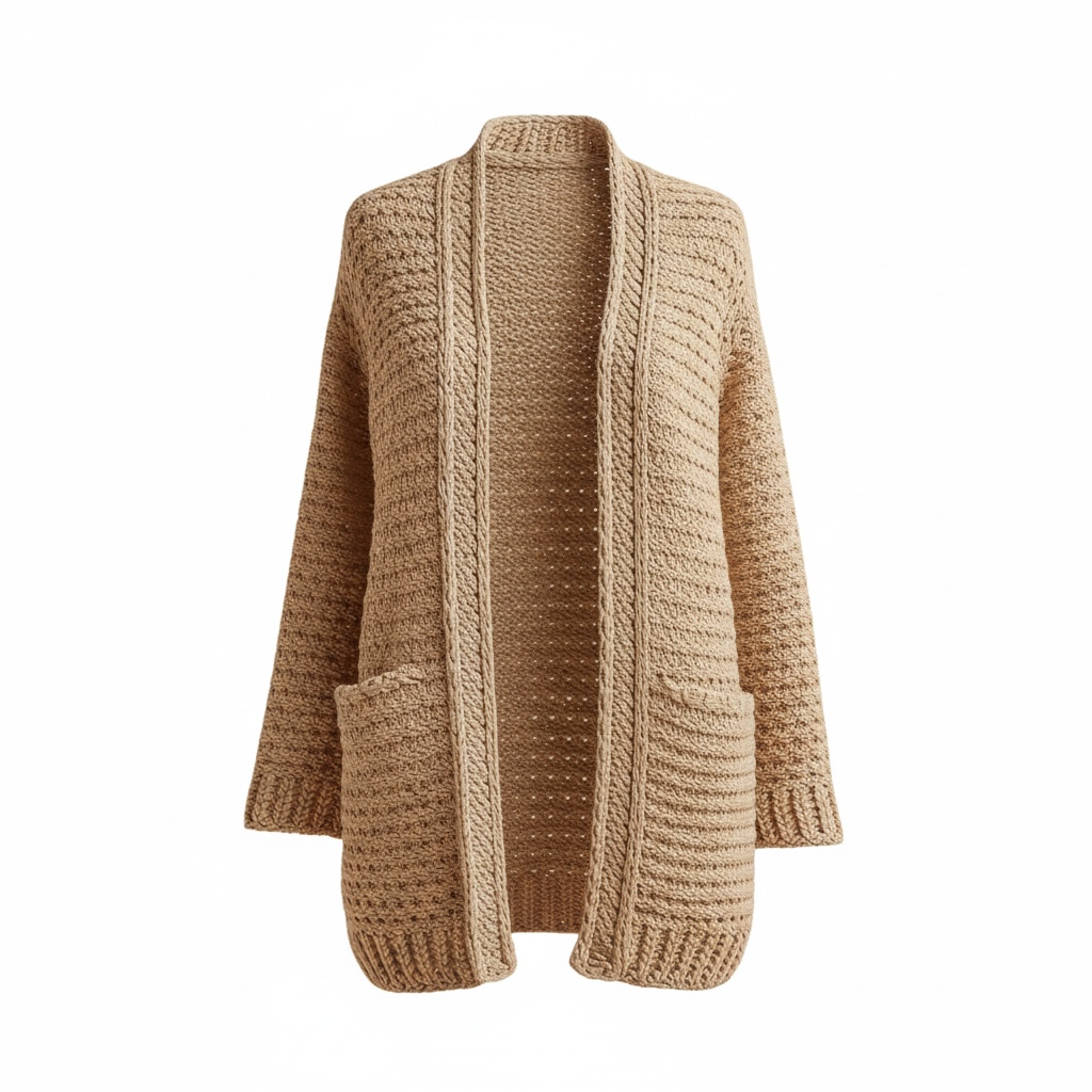 A beige knit cardigan with a textured open pattern, featuring a cable design along the opening and along the cuffs, with two large front pockets and a relaxed fit.
