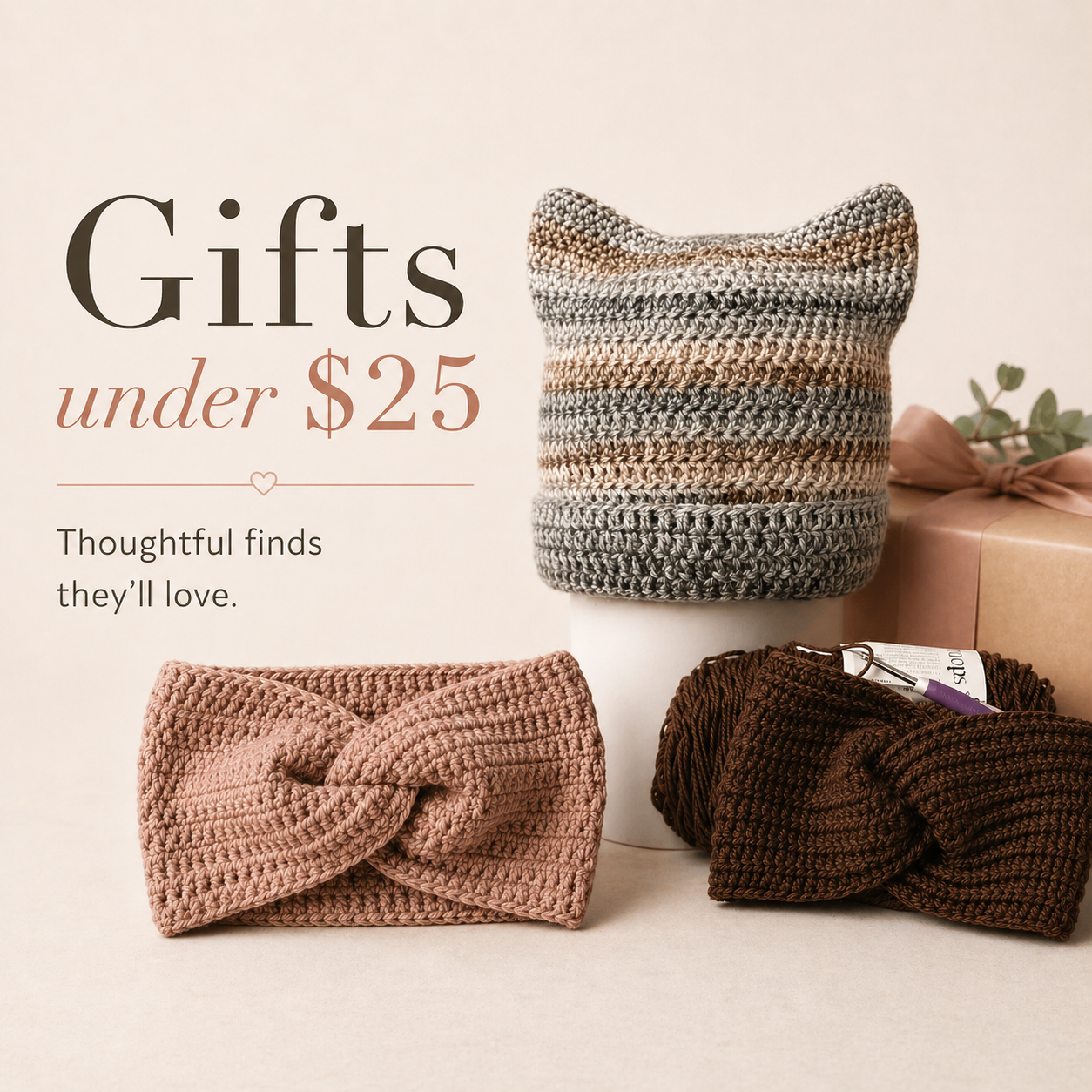 Display of knitted headbands in various colors with a sign that reads "Gifts under $25, Thoughtful finds they'll love," with a wrapped gift box in the background.