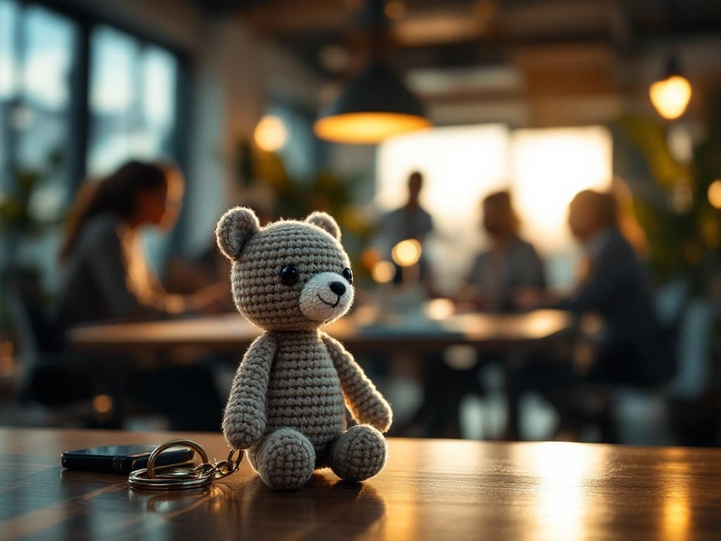 A crocheted teddy bear with a keyring, sitting on a wooden table in a cozy cafe with people in the background.