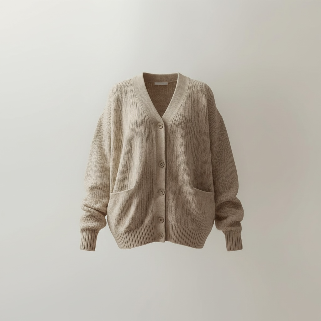 Beige knit cardigan with buttons hanging on a wall