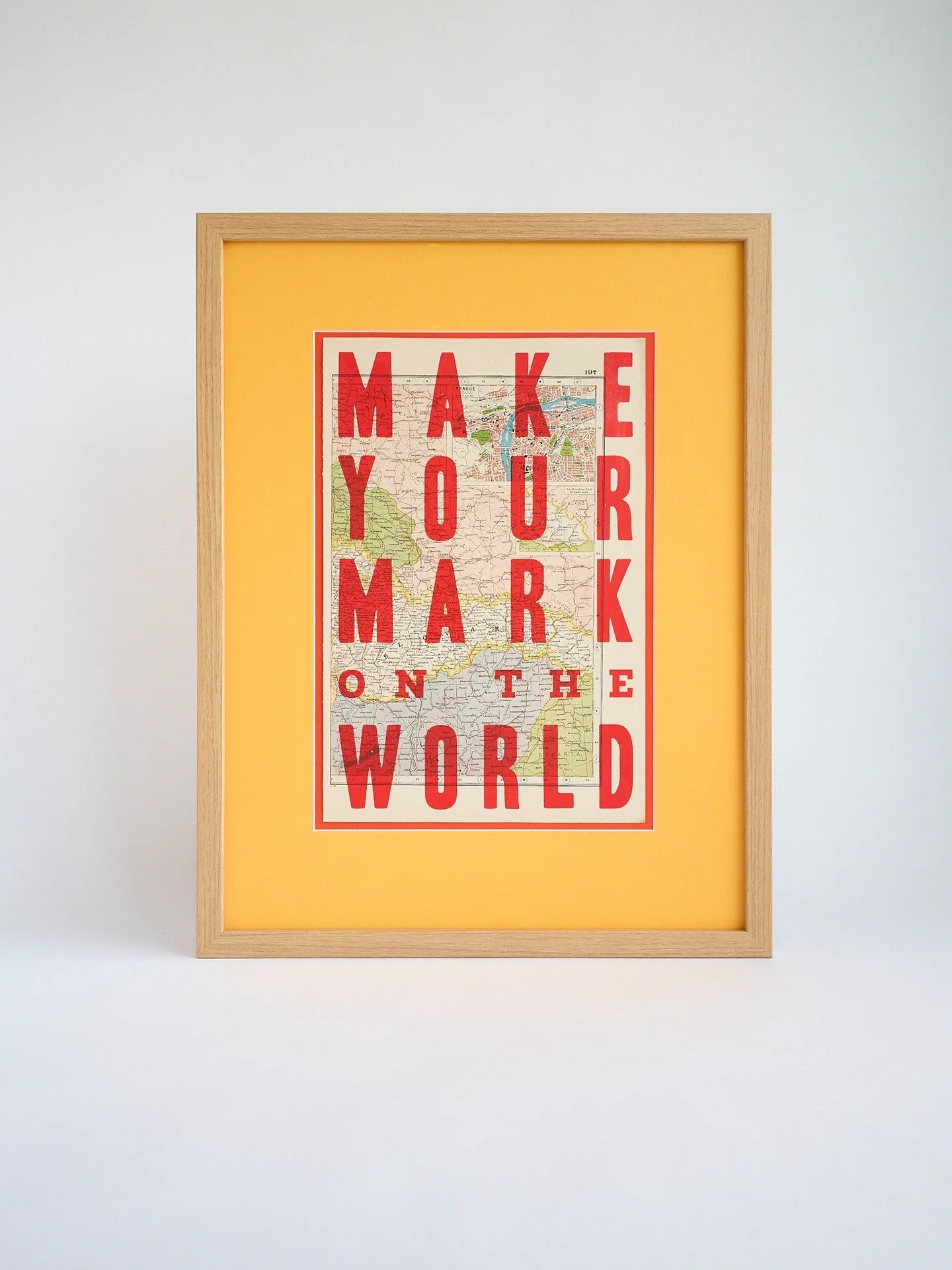 Letterpress on vintage map. Float mounted on red inside a yellow window with a waxed oak frame. 

🗺️ 🗺️ 🗺️
