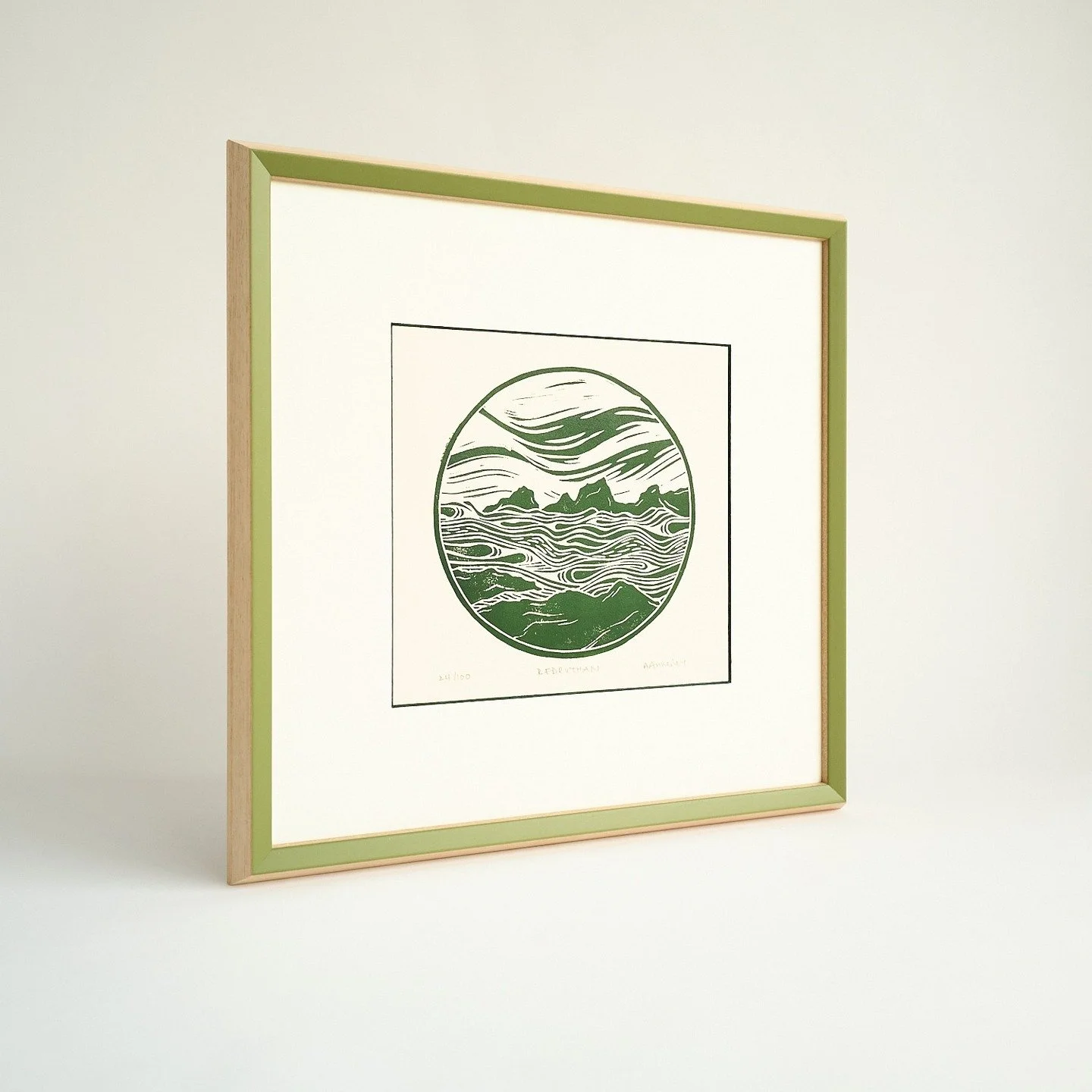 Sweet little green linocut with mountboard window bevel handpainted to match.
 
🖼 🖼 🖼