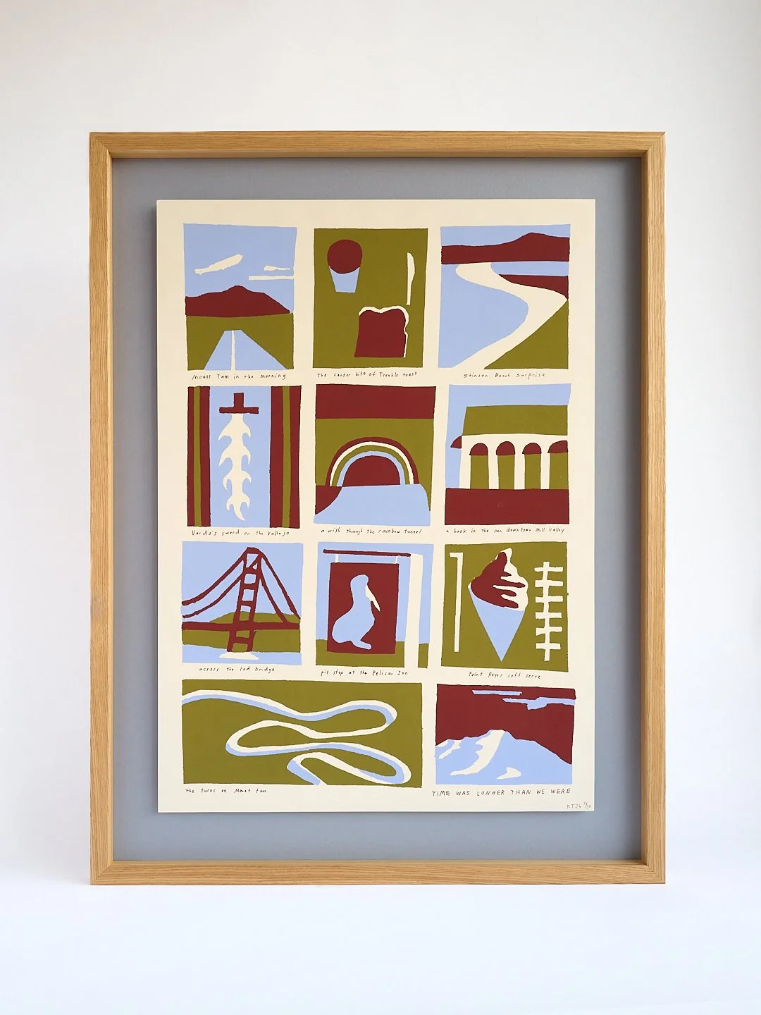 Lovely Marin County screenprint by @kristintexeira. 

Framed in oak, float mounted on a West Coast blue and finished with @artglass_by_groglass AR70 low reflection glass.