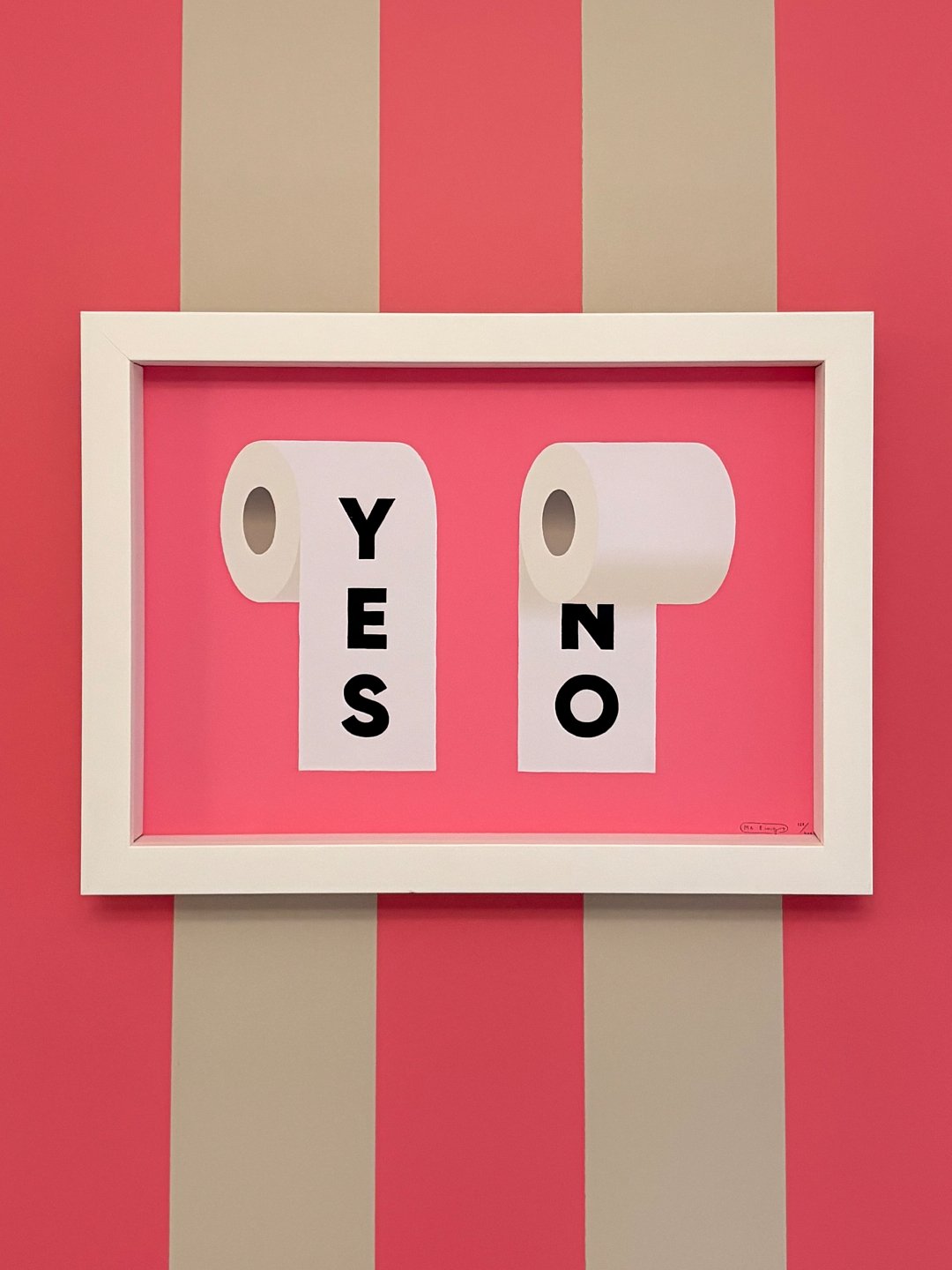 'Yes, No' print by @mr_bingstagram. 

Simple deep white frame, matching white spacers, hung on a freshly wallpapered downstairs loo wall. 

🚽🚽🚽

#pictureframing
#earlsfield
#sw18