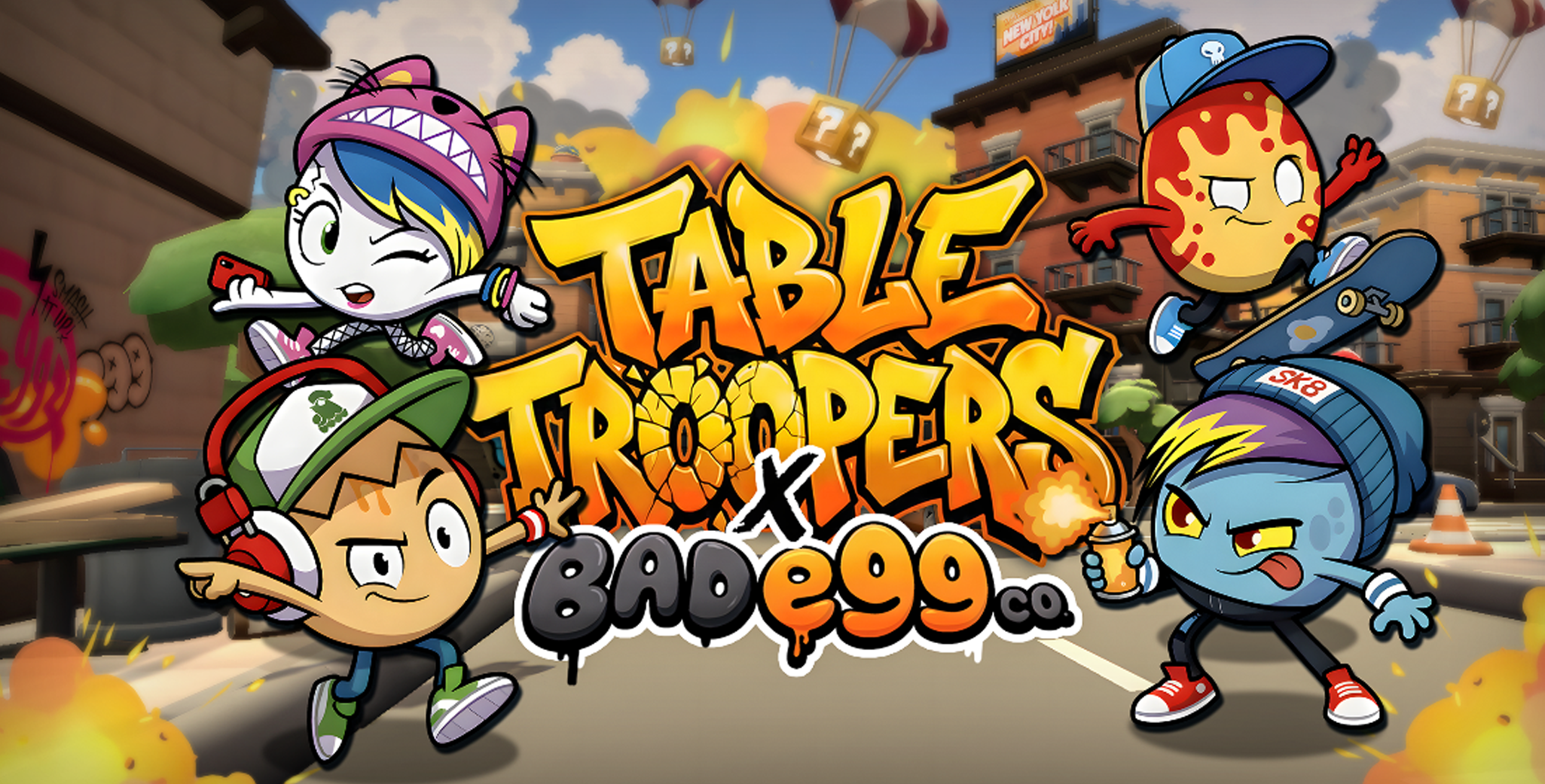 Colorful cartoon illustration of characters from the game 'Table Troopers x BabaYega.' The characters include a colorful girl with a pink hat, a boy with headphones, a blue cat, and a yellow slice of pizza, all in a lively urban street scene with graffiti, buildings, and floating question mark boxes.