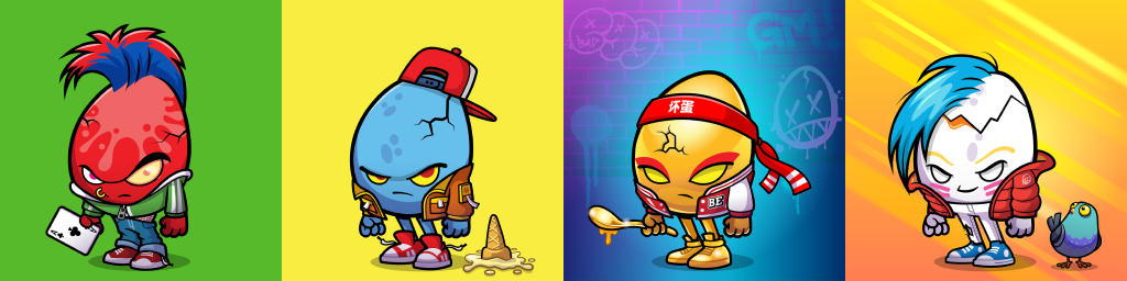 Four cartoon characters with colorful backgrounds and accessories, each with unique styles and expressions. Bad Egg Co. NFT images from the OG collection