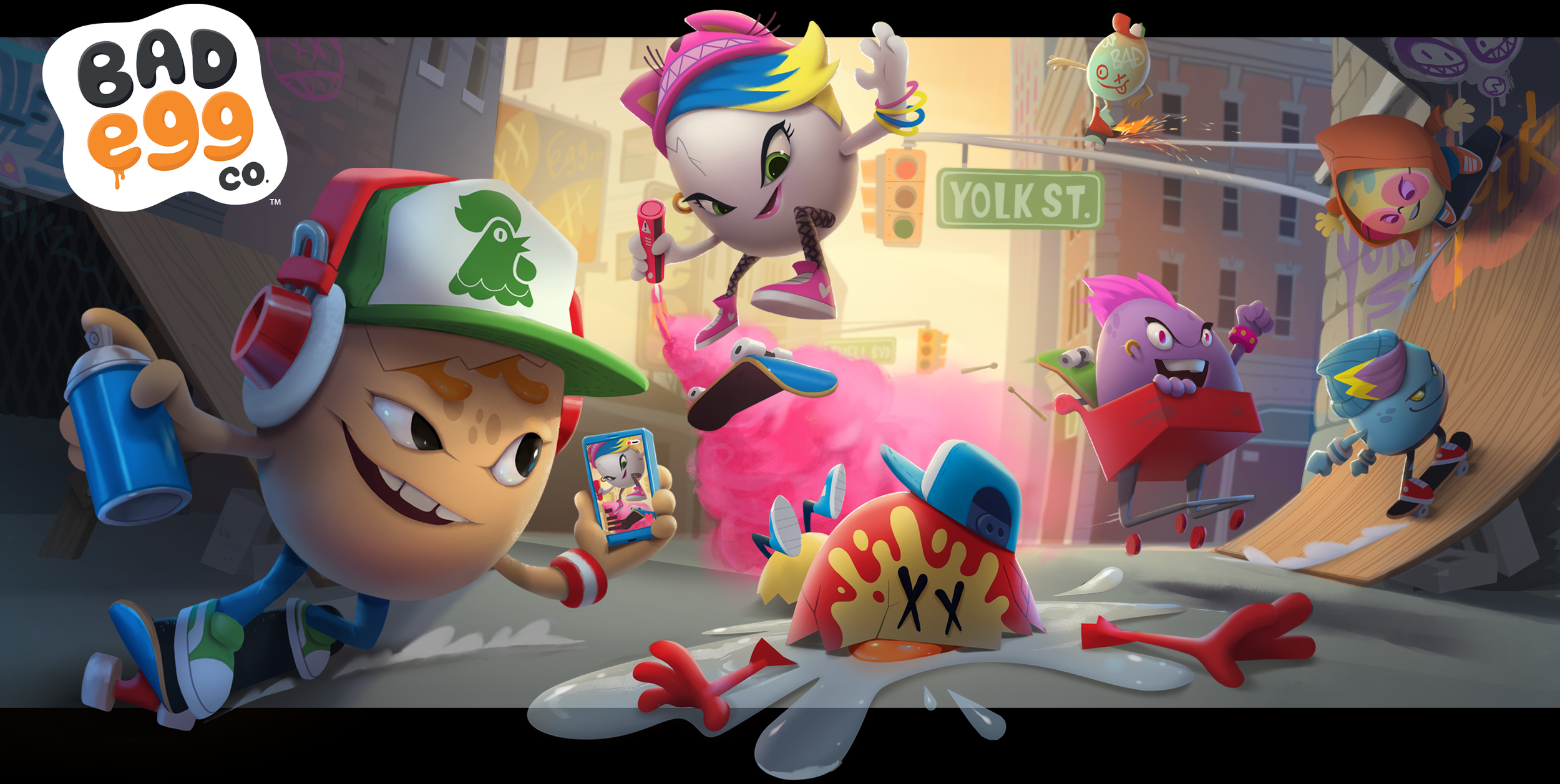 Animated characters from the game 'Bad Egg Co.' in a city street scene, taking selfies and having fun, with some graffiti, a traffic light, and street signs in the background.
