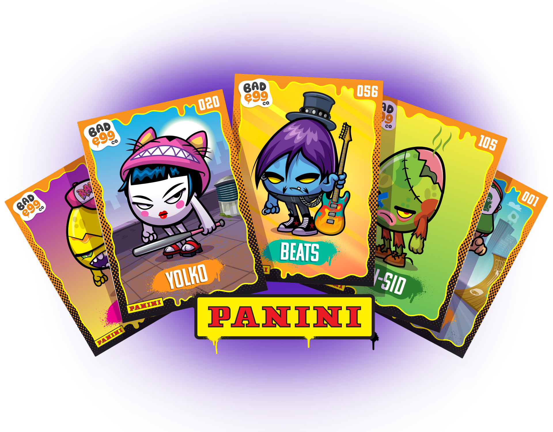 A collection of colorful Panini trading cards featuring cartoon characters with distinct styles and accessories, displayed against a purple background.