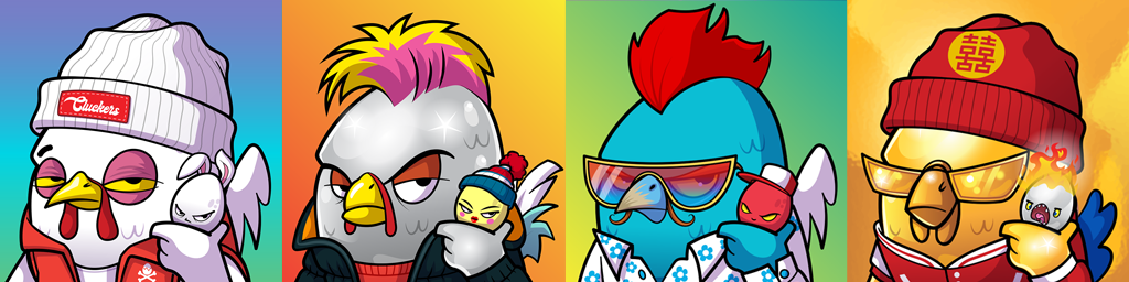 Four Cluckers NFT character artworks with unique styles and accessories