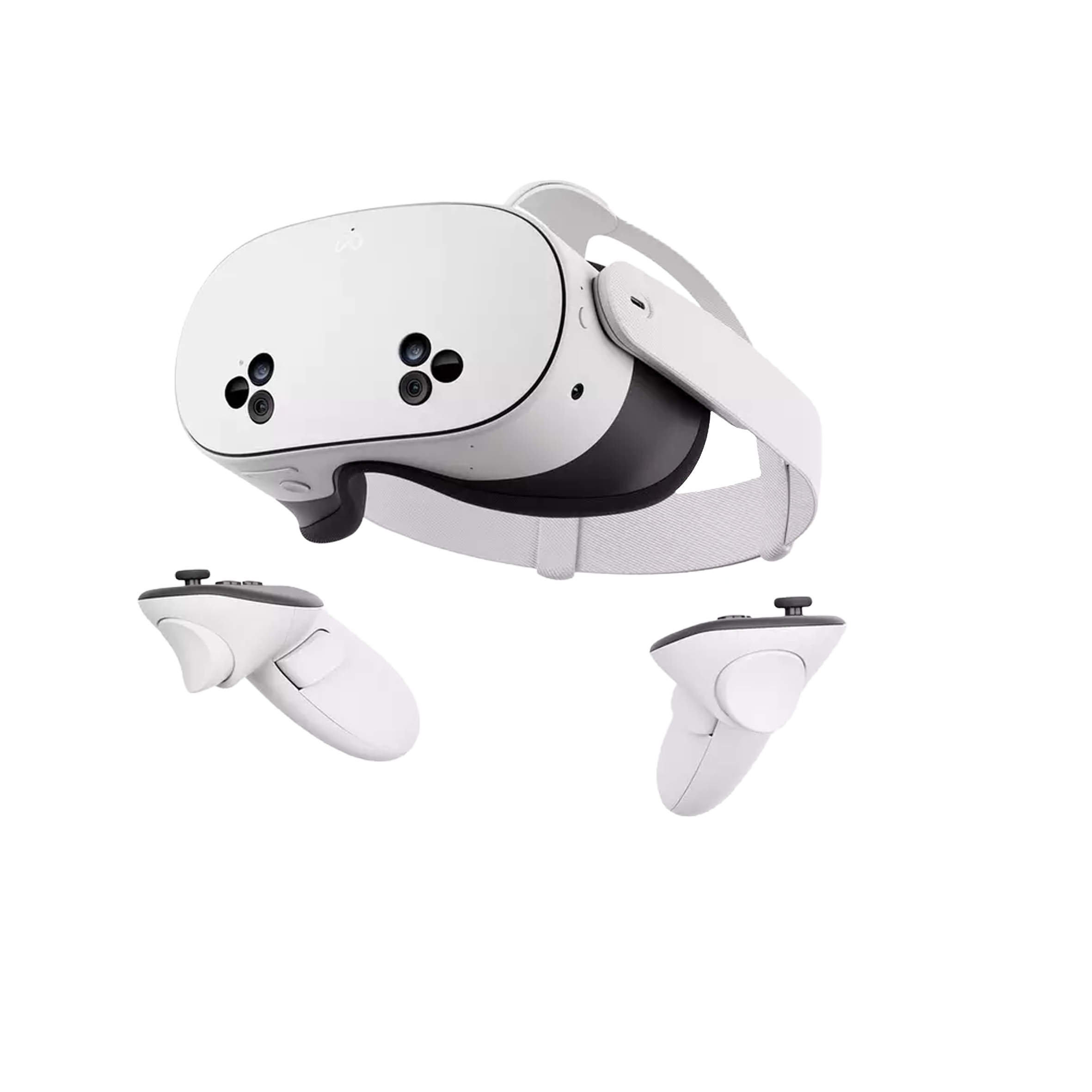 A white virtual reality headset with multiple cameras on the front and a head strap, placed on a black surface.