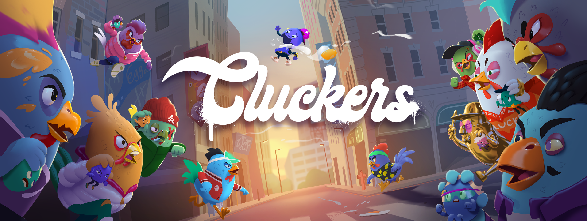 Artwork featuring cartoon chickens depicted as rebellious street gang members in an urban cityscape at sunset, with the title 'Chuckers' in the center. They are Bad Egg Cluckers characters