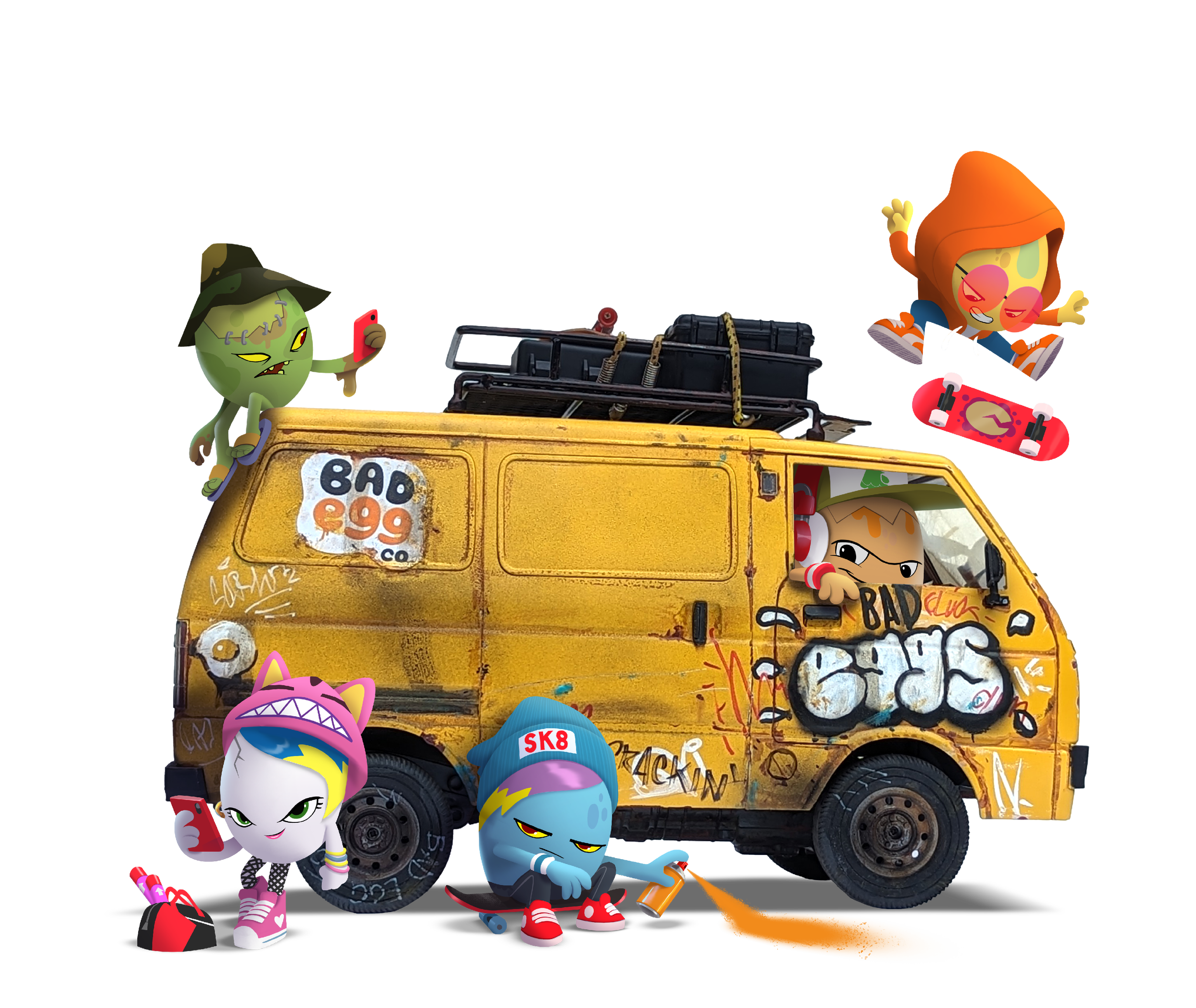 Bad Egg hero characters with exaggerated features and colorful outfits standing on and around a yellow vehicle with graffiti and stickers.