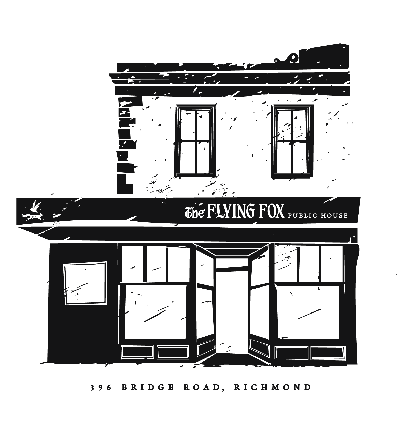 Illustration of the Flying Fox Pub House, a building with a facade featuring two windows, a sign reading 'The Flying Fox Public House,' and a large open entryway, located at 396 Bridge Road, Richmond.