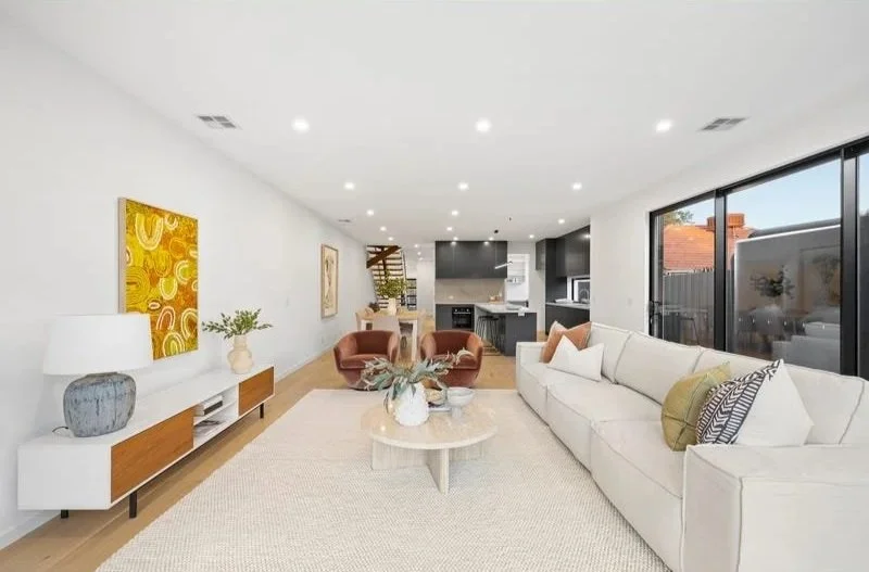 Living room flowing to the kitchen and dining, Bentleigh townhouse