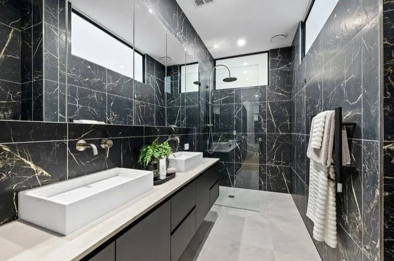 Black marble-look tiled ensuite with twin basins, Bentleigh townhouse