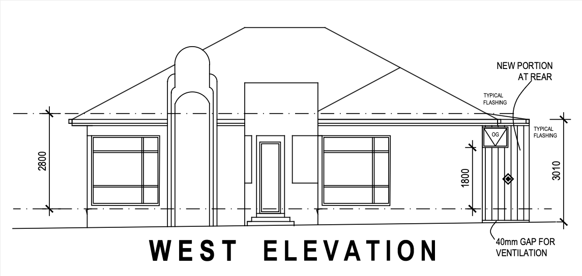Architect's west elevation drawing for the McKinnon renovation, showing the existing brick-veneer facade and the new extension at the rear