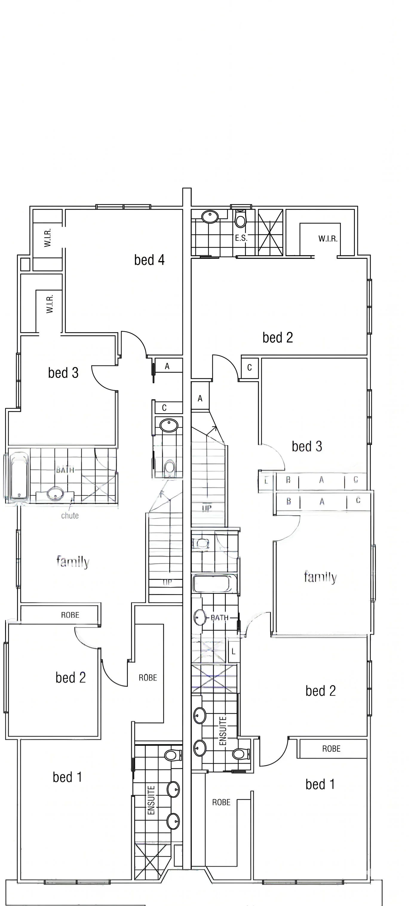 Floor plan of a house showing multiple bedrooms, bathrooms, family rooms, closets, and staircases in a detailed architectural layout.