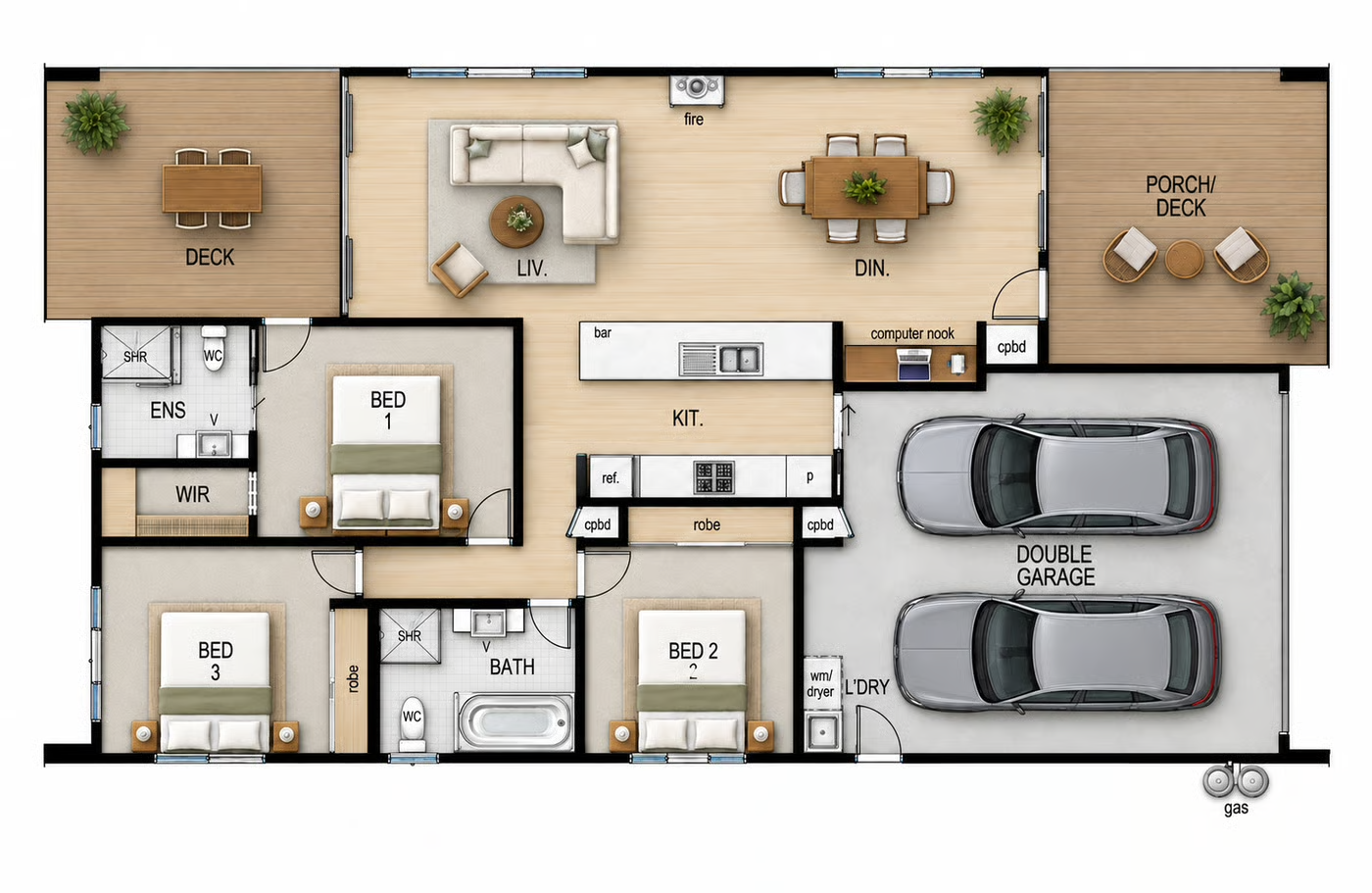 A detailed floor plan of a house including a double garage with two cars, three bedrooms, two bathrooms, a living room, dining area, kitchen with a bar, laundry room, porch/deck, and outdoor deck areas.