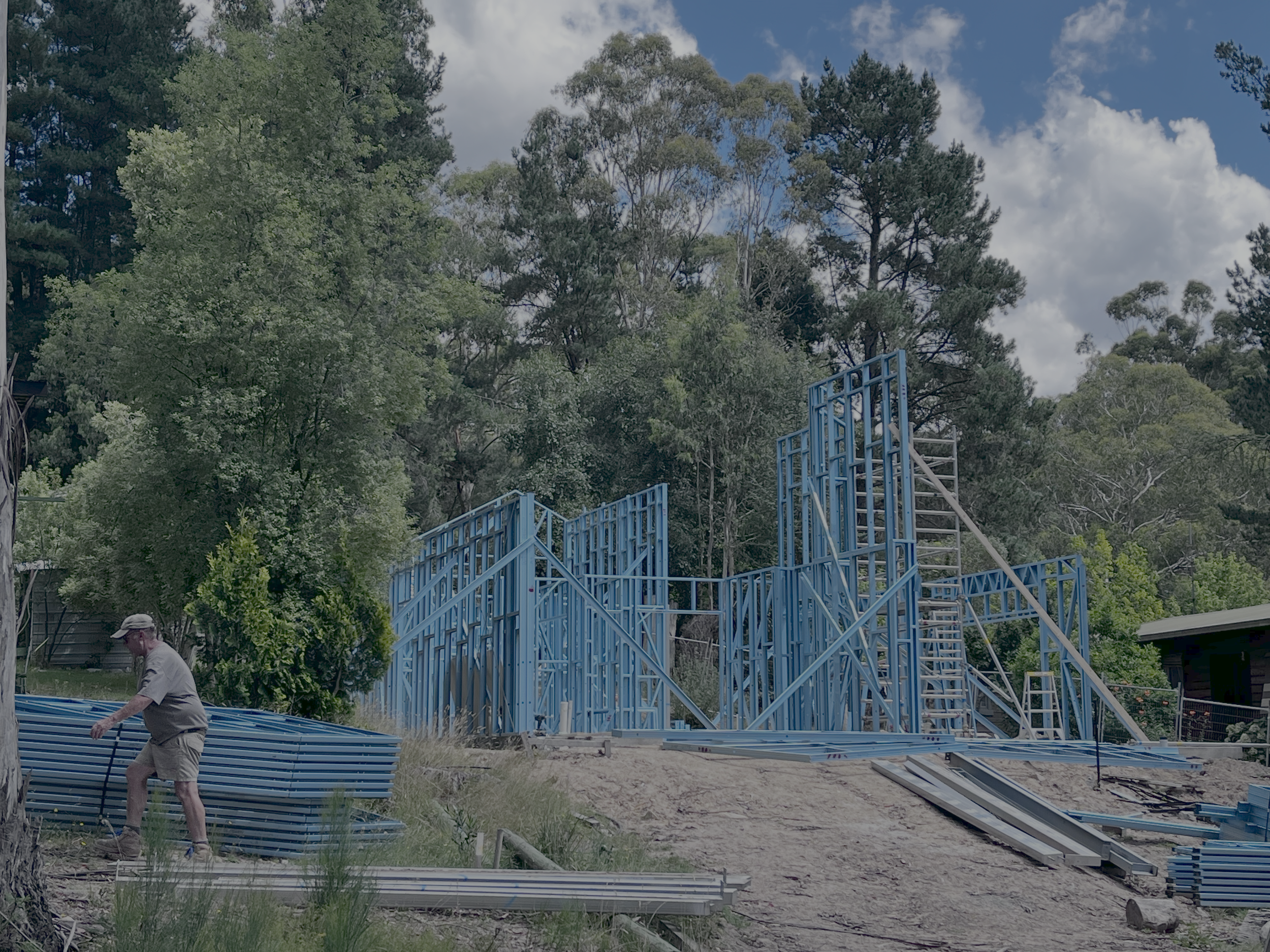 Steel wall frames going up on the slab at the Mansfield Alpine build, surrounded by tall gums