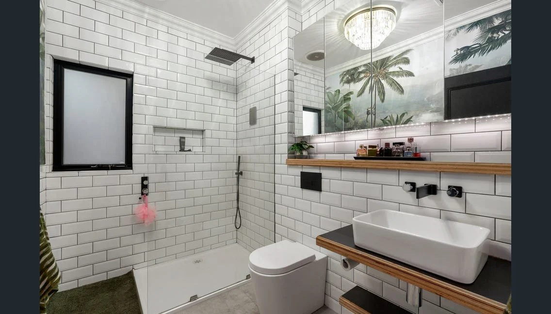 White subway-tiled ensuite with walk-in shower, Highett renovation