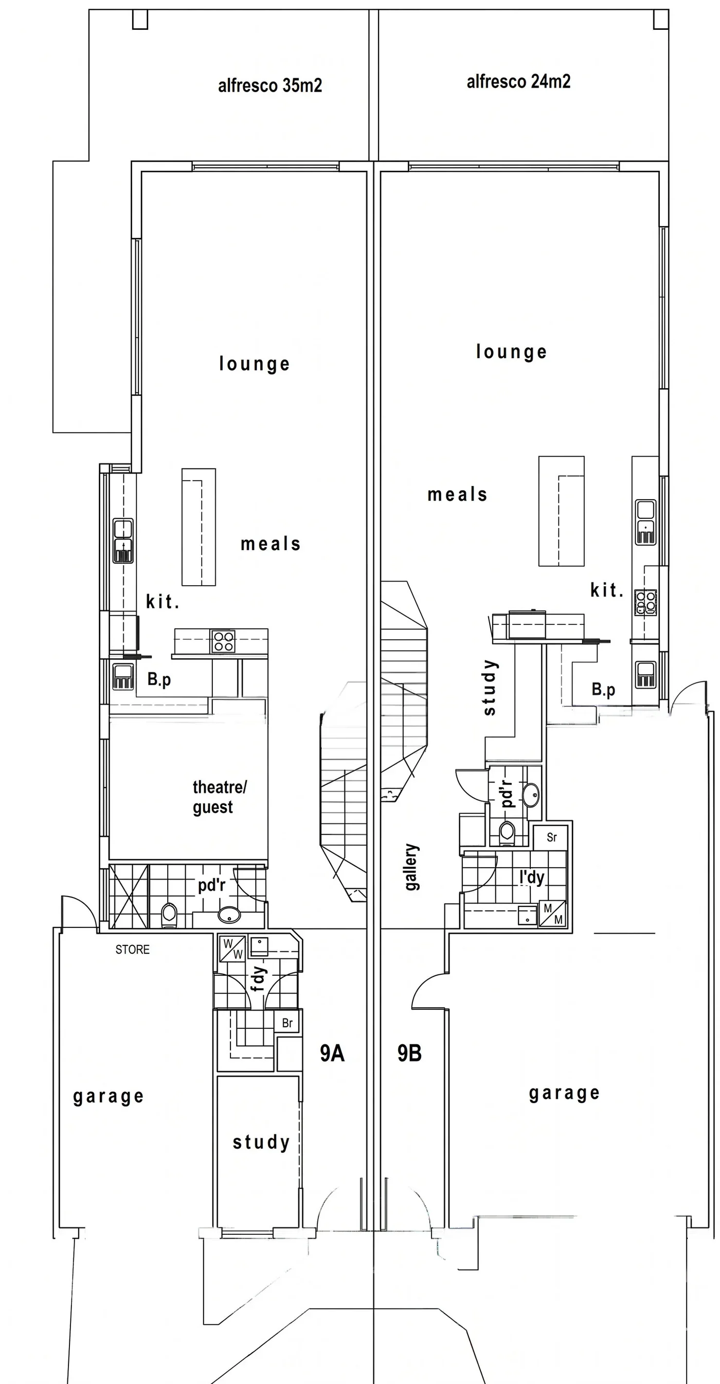 Floor plan of two adjacent residential units labeled 9A and 9B, each with a garage, study, laundry, bathroom, kitchen, meals area, lounge, and an alfresco area.