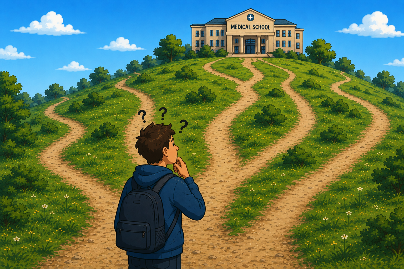 A boy with a backpack standing on a dirt path, looking at the road signs on a hill leading to a medical school building at the top of the hill.