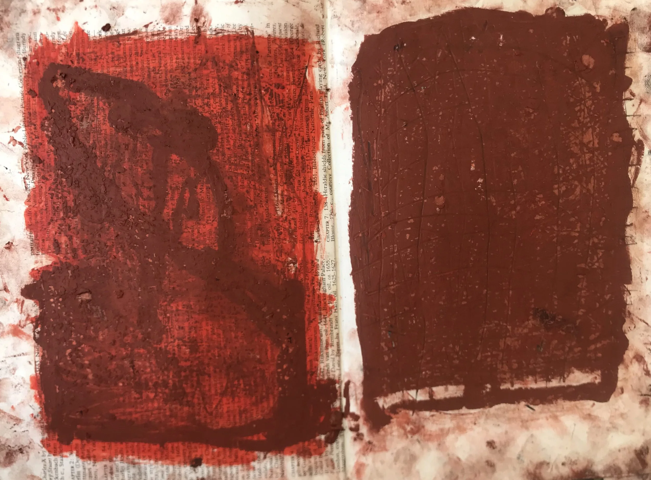 Abstract artwork with a background of newspaper print, overlaid with red and black paint splashes and brushstrokes.