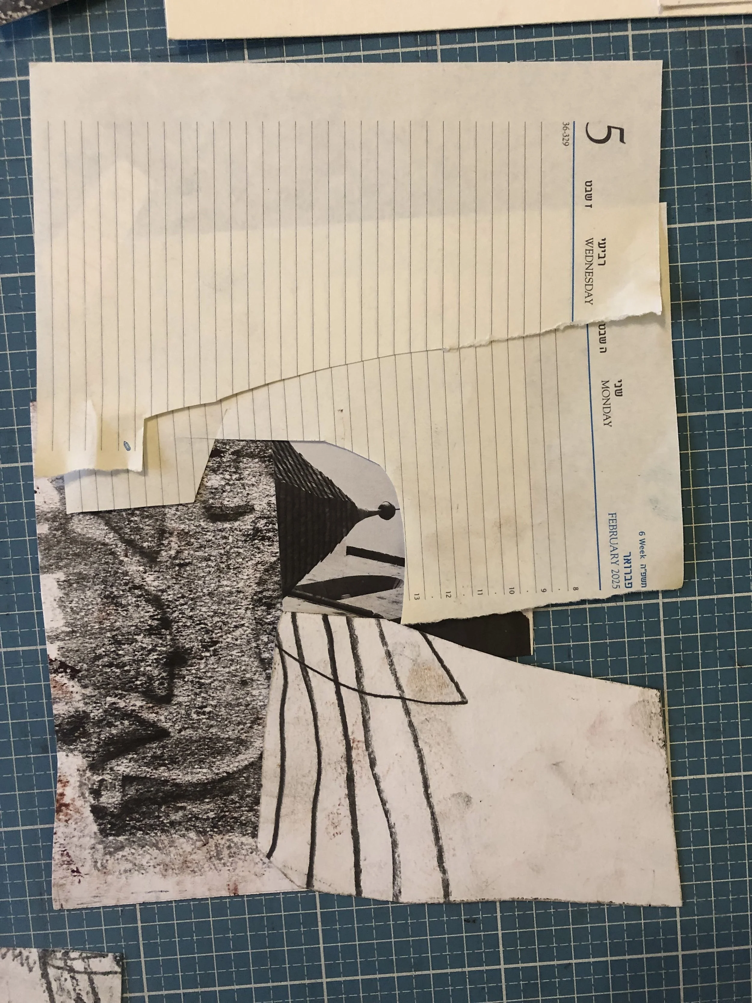 A collage of three images including a black and white photo of trees, a drawing of a leaf, and part of a page from a book or magazine with text and an image of a bamboo wind chime.