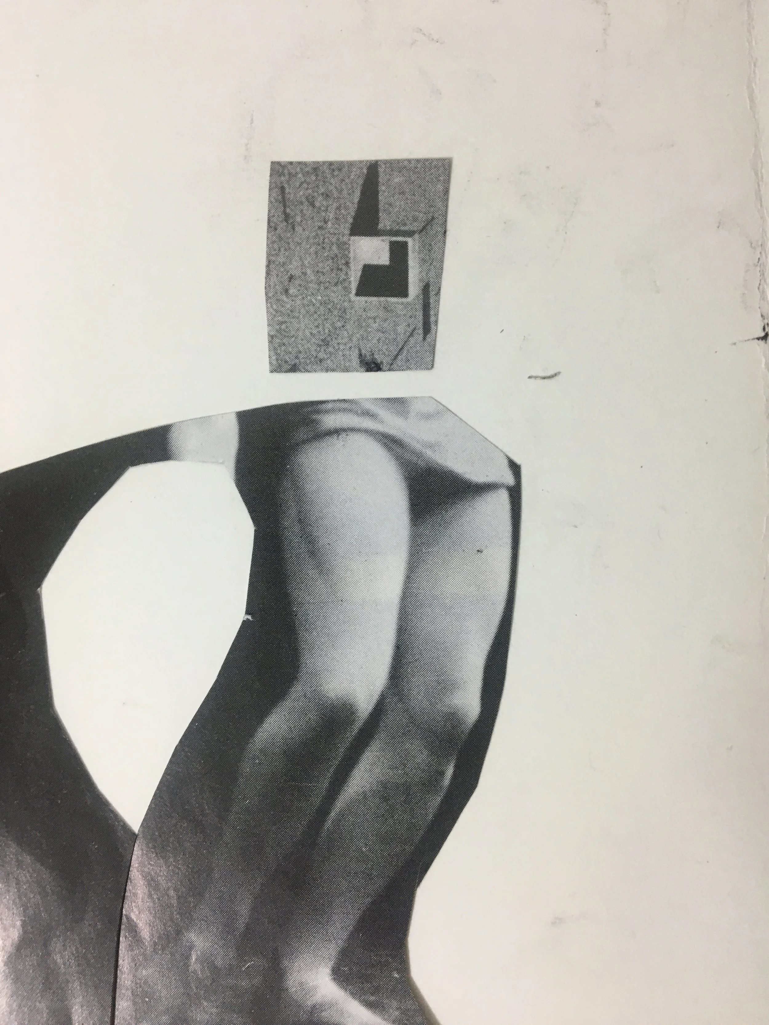 Black and white photo of a woman's legs in high heel shoes, wearing stockings, and a small inset image of a geometric abstract art piece.
