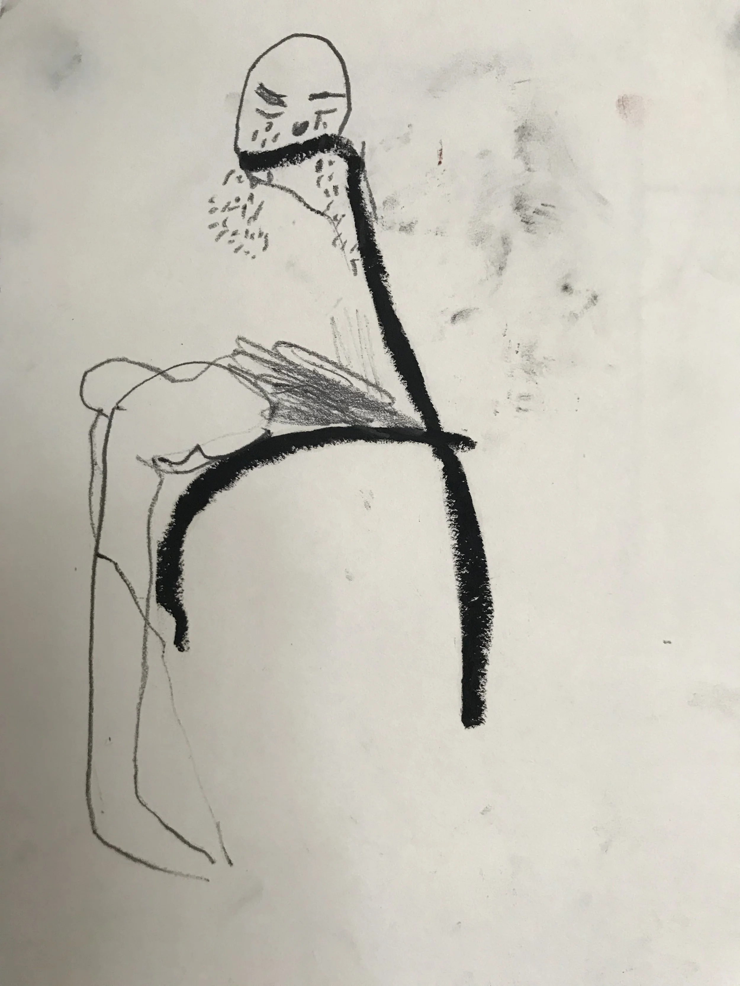 A simple black and white sketch of a person with a bald head, eyes closed, and tears on their face, holding a long, black object to their mouth, with a hand resting on their knee.