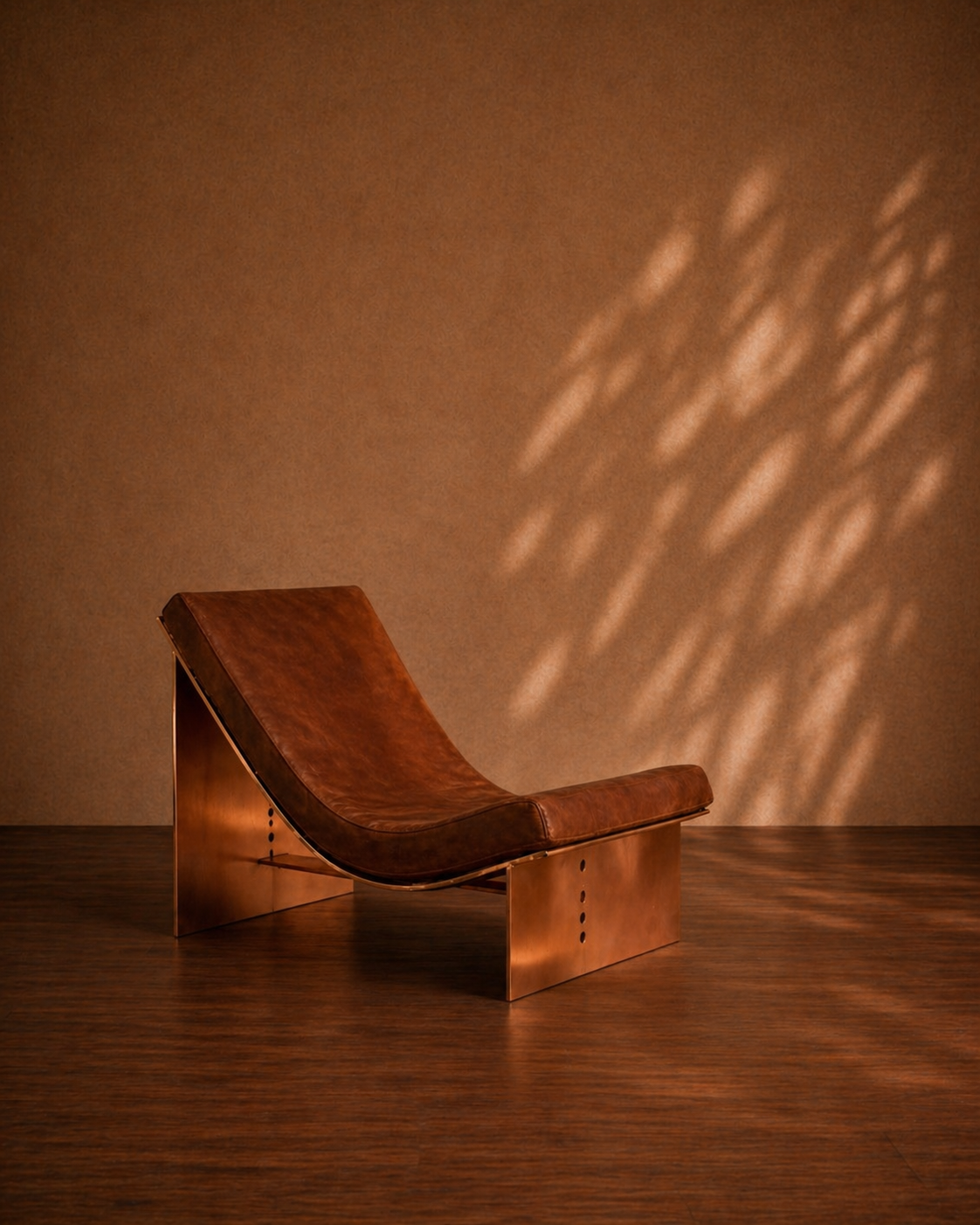 A stylish brown leather lounge chair with a copper-colored metal base, placed on a polished wood floor against a plain wall with light and shadow patterns.