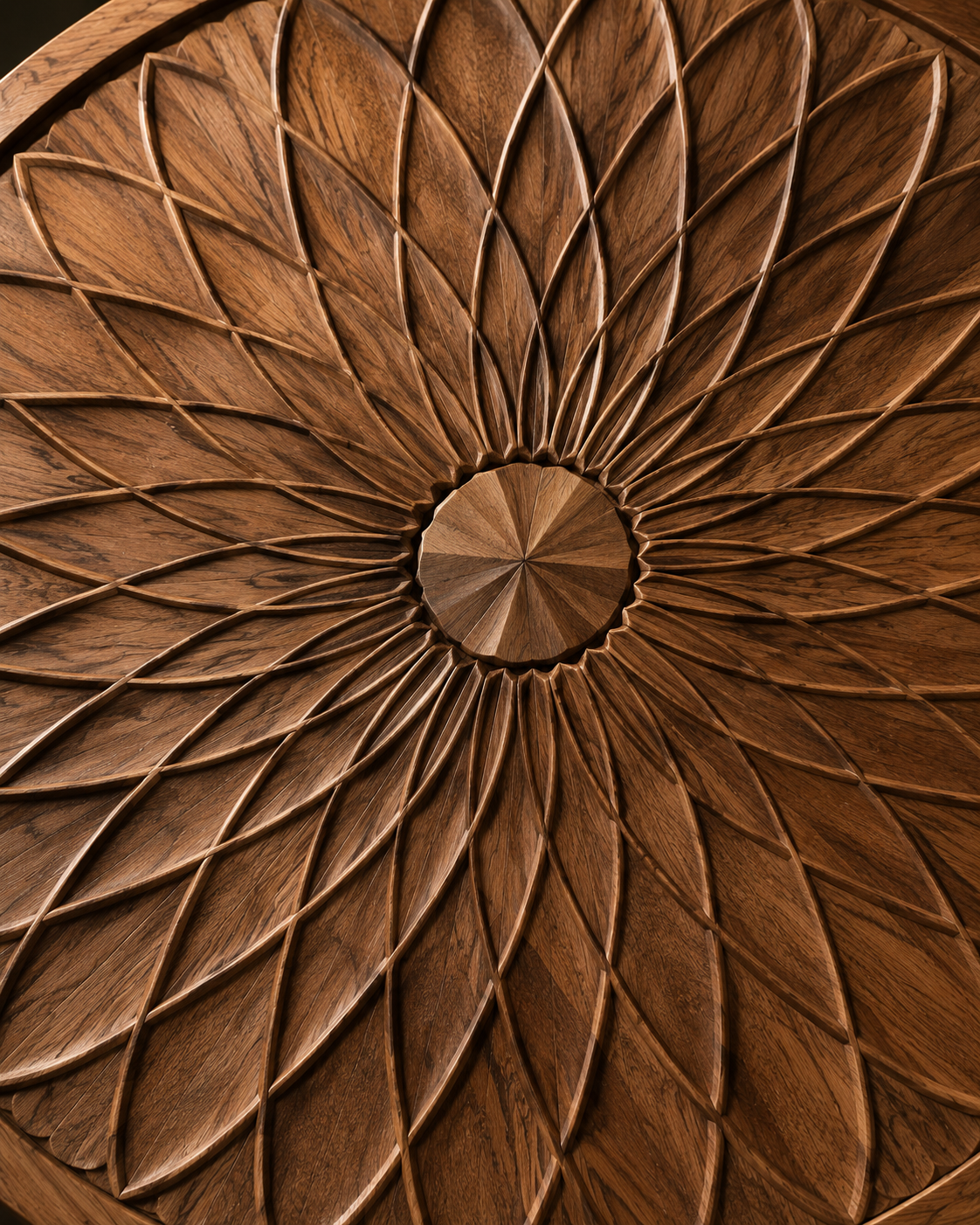 Close-up view of an intricate, carved wooden ceiling pattern resembling a flower or petals radiating from a central circular point.