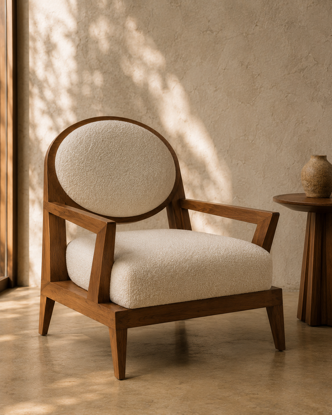 A modern wooden armchair with beige textured upholstery, placed next to a small round wooden side table with a ceramic vase, set on a beige floor near a wall with warm sunlight creating shadows.