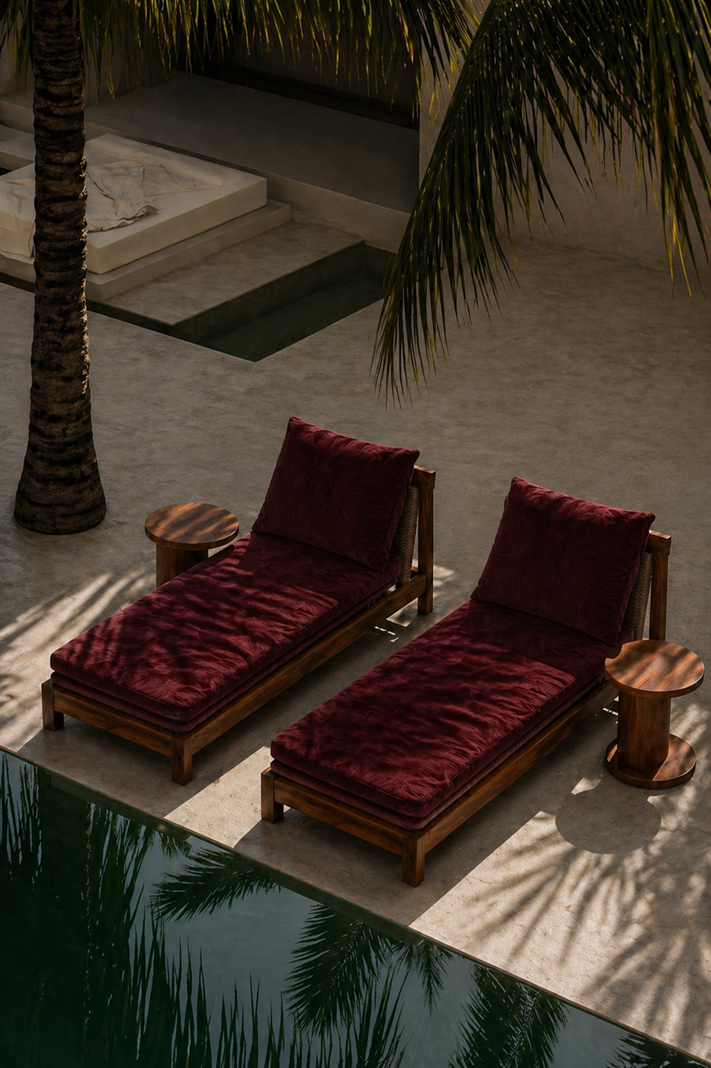 Two red velvet lounge chairs with matching pillows and two round wooden side tables are positioned on a concrete pool deck, with a pool in the foreground and palm trees overhead casting shadows, suggesting a tropical outdoor setting.