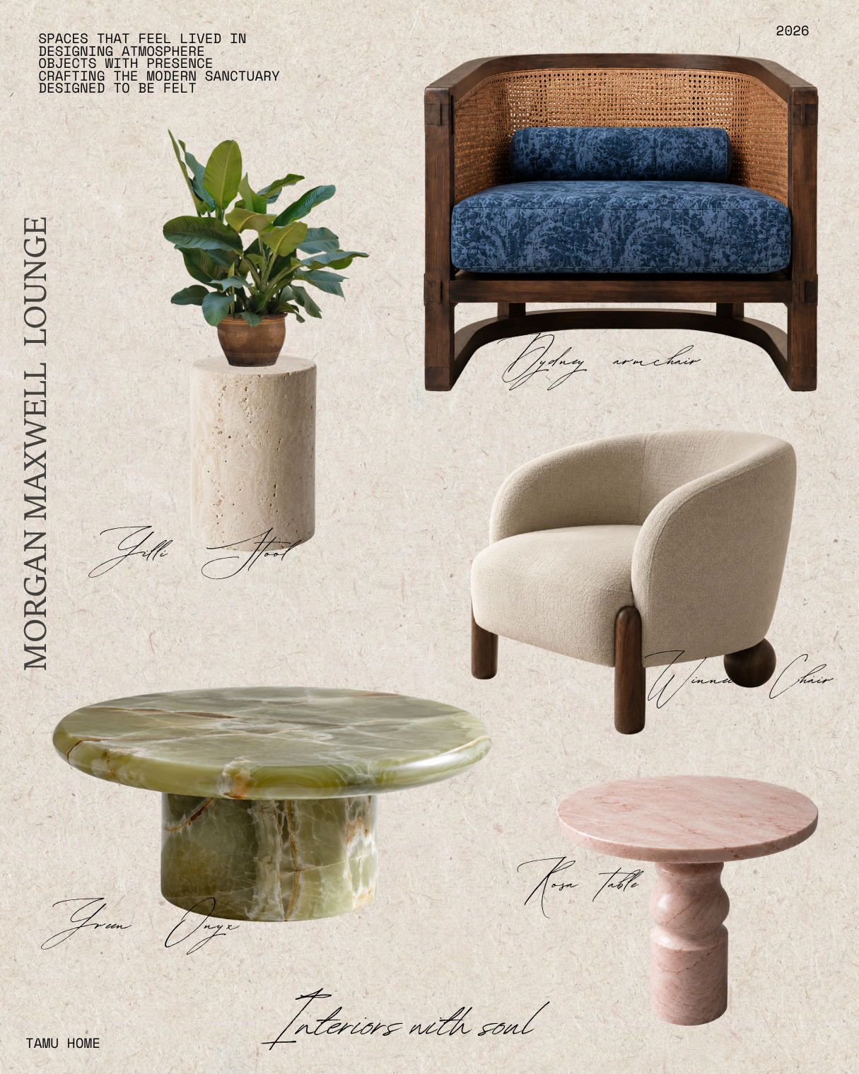 A collage of furniture and decor items including a green marble side table, a beige upholstered lounge chair, a wooden armchair with a blue patterned cushion, a potted plant on a stone pedestal, and a pink marble side table, with text promoting designing living spaces with soul.