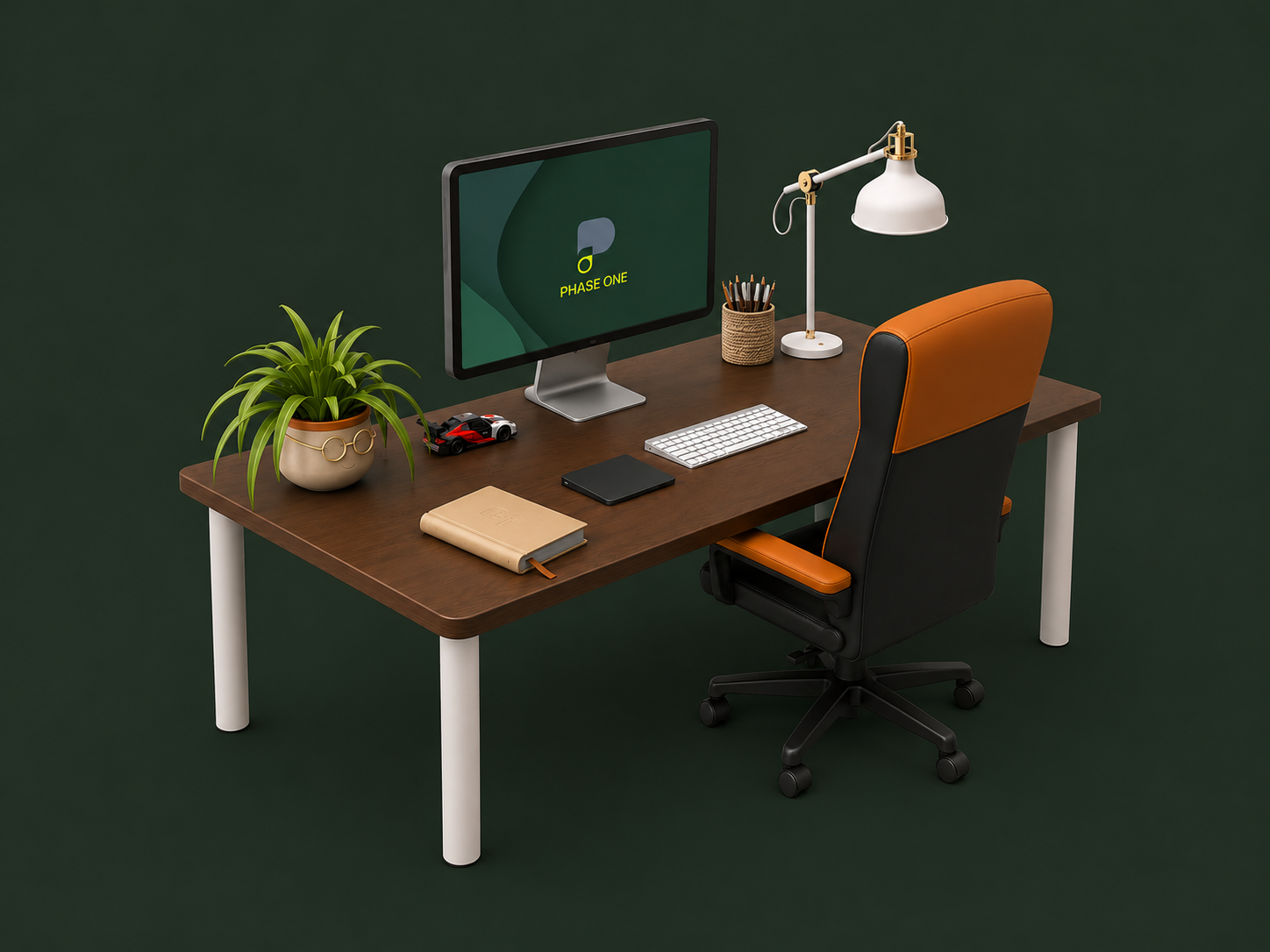 Een werkplek met een houten bureau, zwarte en oranje bureaustoel, een desktopcomputer met een scherm dat 'PHASE ONE' toont, een toetsenbord, een muis, een laptop, een agenda, een notitieblok, een bureaulamp, een pot met pennen, een plant, en een speelgoedracewagen, alles tegen een groene achtergrond.