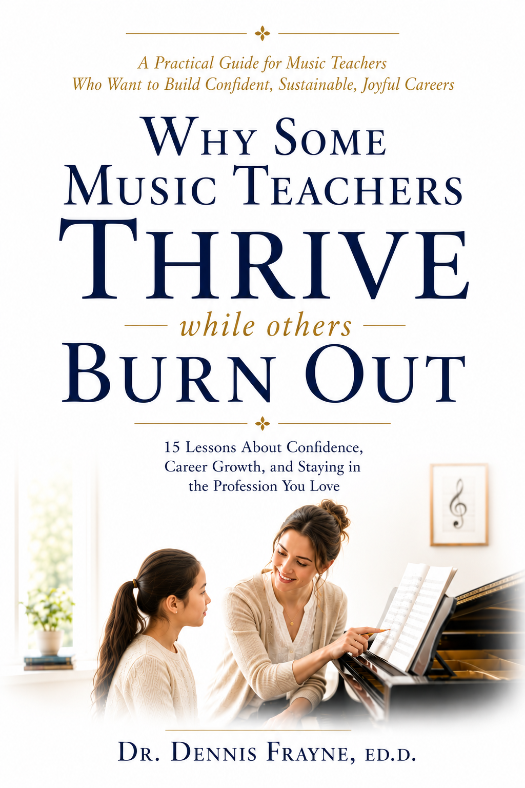 Book cover titled 'Why Some Music Teachers Thrive while others Burn Out' showing a woman and a girl at a piano with a framed musical note on the wall.